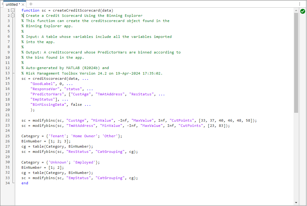 Untitled function in the MATLAB editor