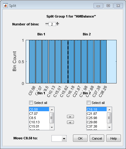 Split dialog for AMBalance with number of bins set to 100