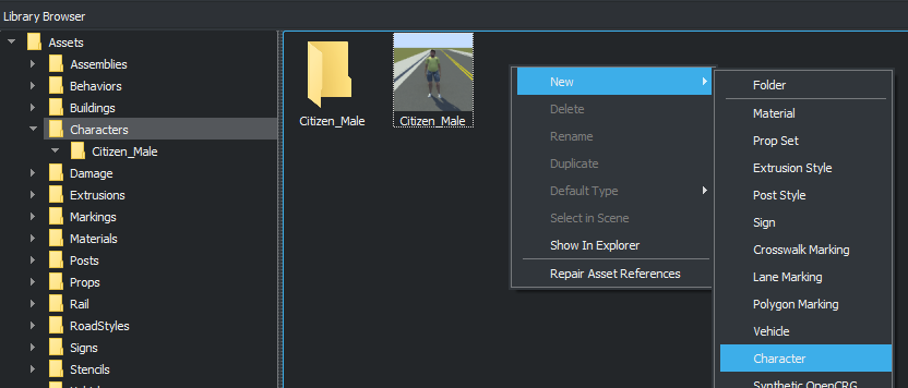 Menu option to create a new character in the Library Browser