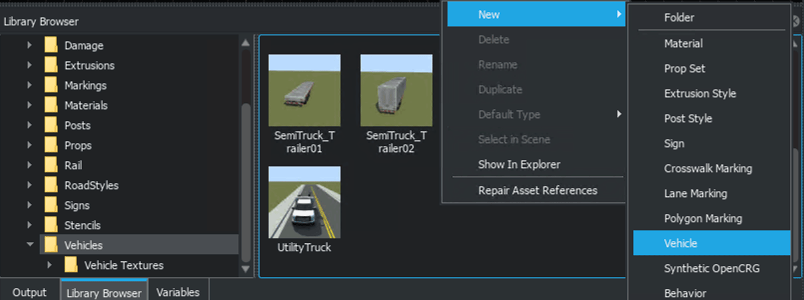 Menu option to create a new vehicle in the Library Browser