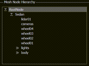 Mesh Node Hierarchy section in the Attributes pane displaying the mesh hierarchy for the Sedan.fbx asset.