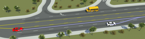 School bus without driving path in turning lane on opposite side of highway