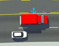 Red ambulance and white car with the same anchor