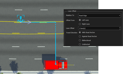 Red ambulance offset two lanes from road edge and corresponding attributes set