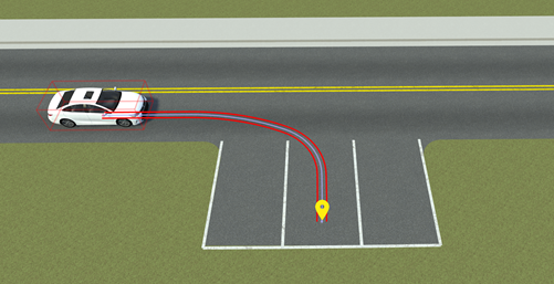 Sedan actor with a path leading into a parking space.