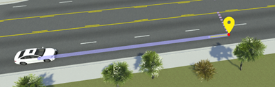 White sedan with purple path segment along road and yellow path waypoint selected
