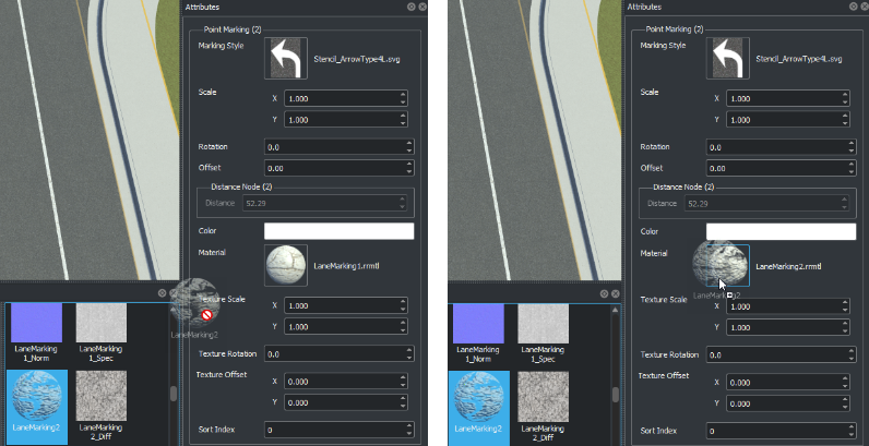 Lane marking texture dragged from Library Browser to the Attributes pane for the selected arrows