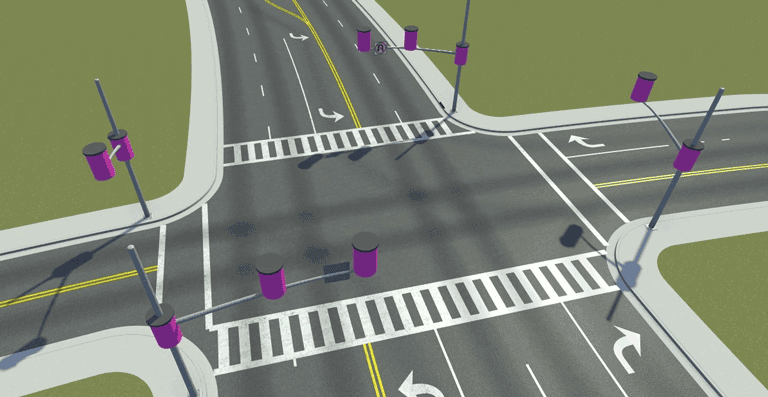 Intersections with pink barrels displaying as fallback for missing traffic light assets