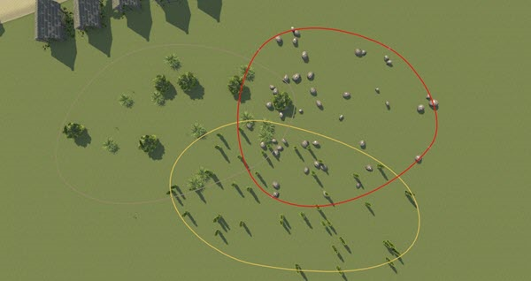 The first polygon is outlined in red to indicate that it is selected. The next polygon that will be selected is outlined in yellow. The remaining polygon is still outlined in gray.