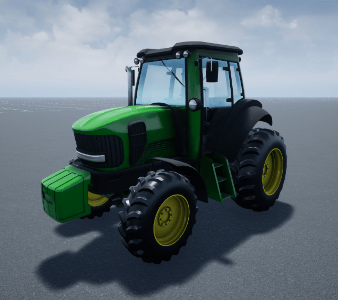 Agricultural tractor in Unreal Engine simulation environment.