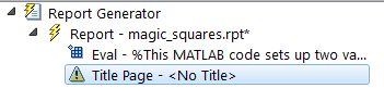 Outline pane displaying "Title Page - <No Title>" beneath the "Eval - %This MATLAB code sets up two va..." component