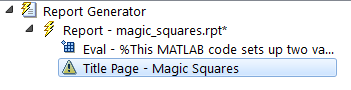 Outline pane displaying "Title Page - Magic Squares" beneath the "Eval - %This MATLAB code sets up two va..." component