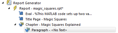 Outline pane displaying "Paragraph - <No Text>" beneath "Chapter - Magic Squares Explained" component