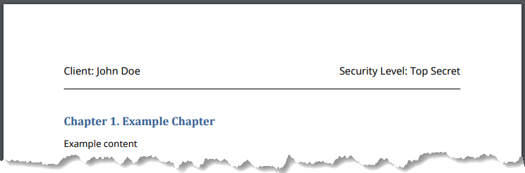 The example pdf report. This shows the page that contains the chapter. The header includes the Client and Security Level fields, as well as the content that you entered. The Client field is on the left, and the Security Level field is on the right.