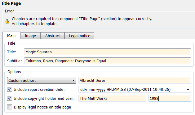 Properties pane for the Title page showing the title "Magic Squares", subtitle "Columns, Rows, Diagonals: Everyone is Equal, author "Albrecht Durer, and the options Include report creation date and Include copyright holder and year selected