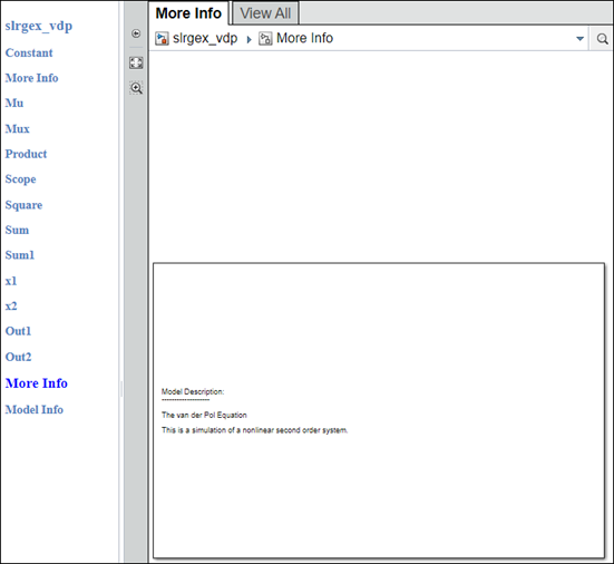 More Info diagram, which contains "Model Description: The van der Pol Equation. This is a simulation of a nonlinear second order system."