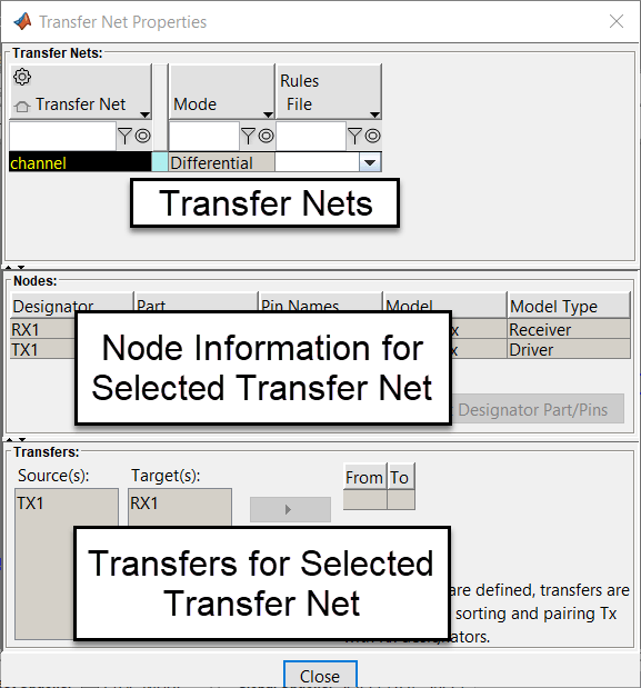 Transfer net properties dialog box