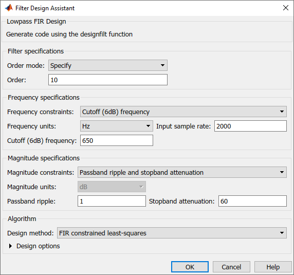 Filter Design Assistant dialog for modified lowpass FIR design