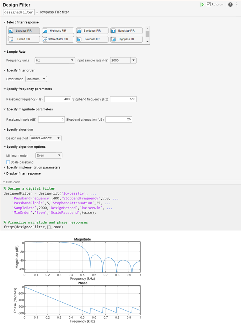 Lowpass FIR filter design using Live Editor task