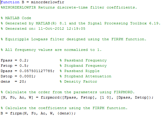 Snippet of function generated with the "Generate MATLAB code" option.