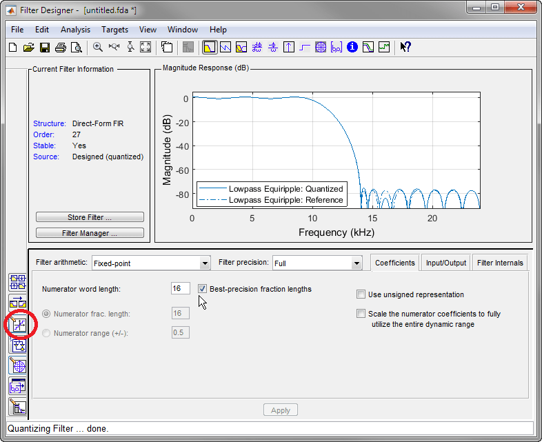 Filter Designer app, showing the "Set quantization parameters" section