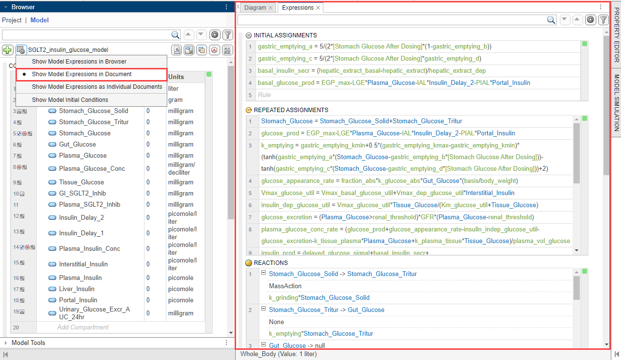 Browser panel showing model expressions in the center panel as a single tab