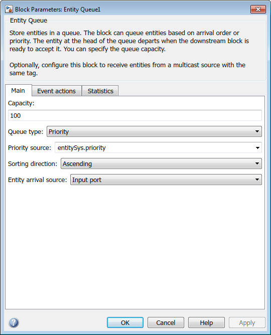 The Block Parameters dialog box of the Entity Queue1 block with Main tab highlighted. In the Main tab, the Capacity text field is set to 100, Queue type drop-down field is set to Priority, Priority source drop-down field is set to entitySys.priority, Sorting direction drop-down field is set to Ascending, and Entity arrival source drop-down field is set to Input port.