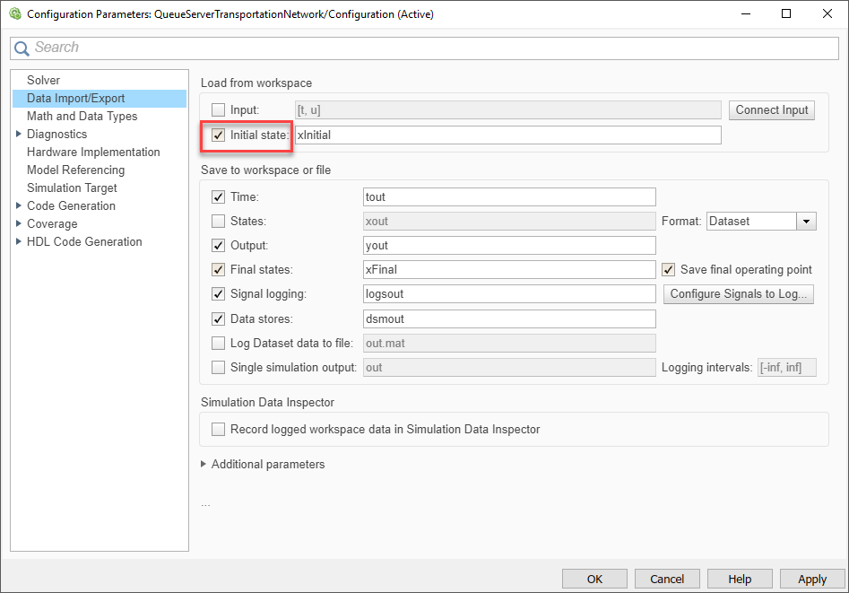 Snapshot of the Configuration Parameters dialog box showing the Initial State check box selected with variable name xFinal. This check box is highlighted with a red square.