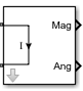 Outport block icon with Sensor type set to Ideal current, Output parameter set to Magnitude and Angle Baseband, and Ground and hide terminal is Off.