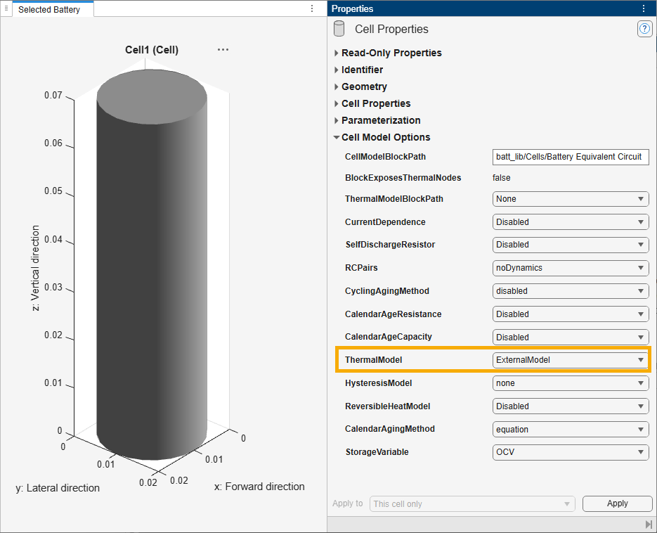 Cell Model Options section of the Battery Builder app, showing the new available ExternalModel option for the ThermalModel property.