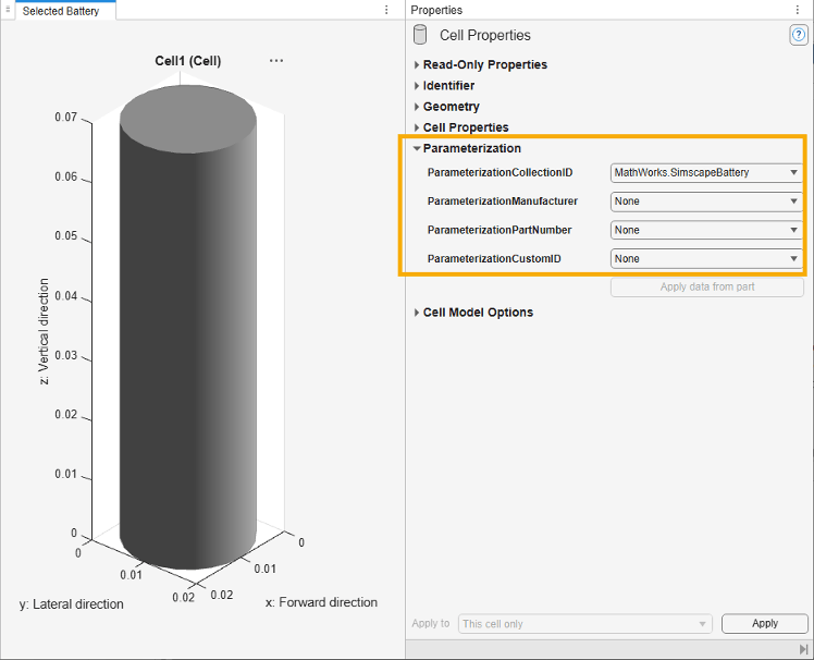 Parameterization panel of the Battery Builder app, showing the new available ParameterizeCollectionID and ParameterizeCustomID properties.