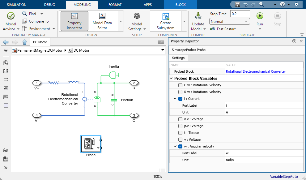 Selecting variables to probe in the Property Inspector