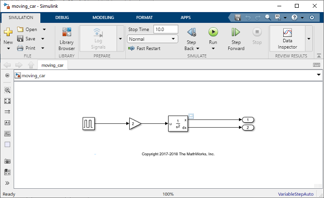 A Simulink model with Pulse Generator, Gain, Second-Order Integrator block, and two Outport blocks.