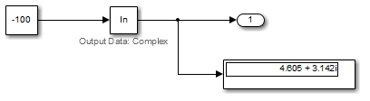 Simulink model with Constant -100 feeding a natural log block with Output Data set to Complex, producing output 4.605 + 3.142i
