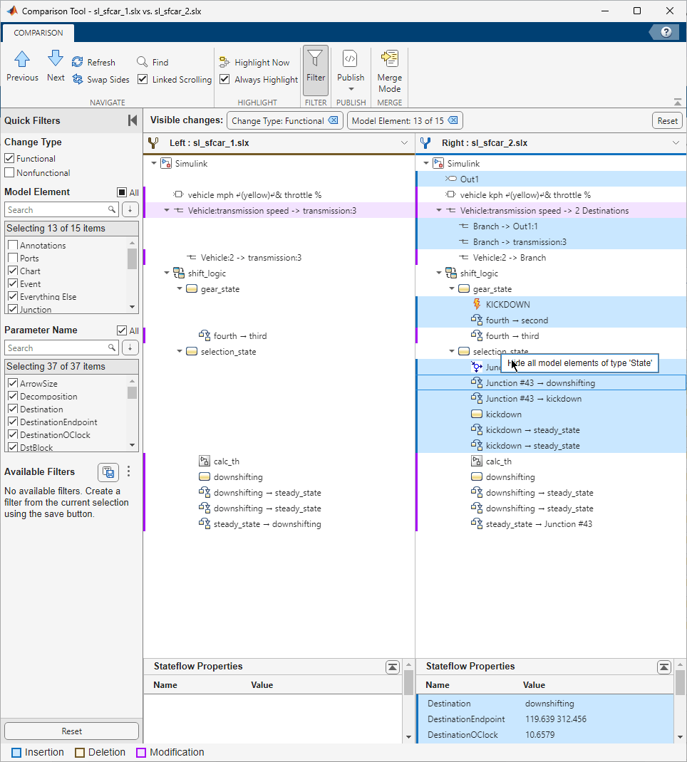 The illustration shows a side-by-side comparison with the Quick Filters pane open on the left. In the report, the cursor points to a menu option to hide all elements of the selected type from the report.