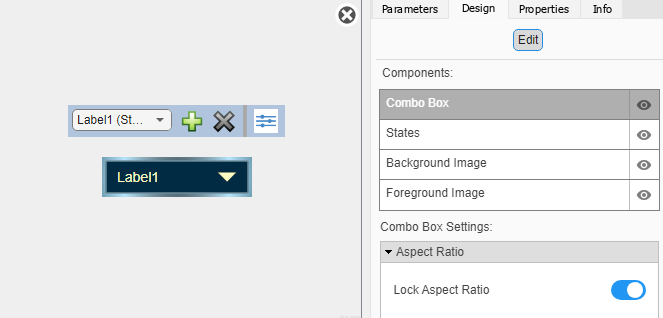 Customizable Combo Box block in design mode with the toolbar and the Design tab in the Property Inspector visible.