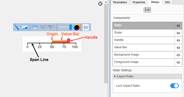 Horizontal Slider block in design mode with the toolbar and the Design tab in the Property Inspector visible.