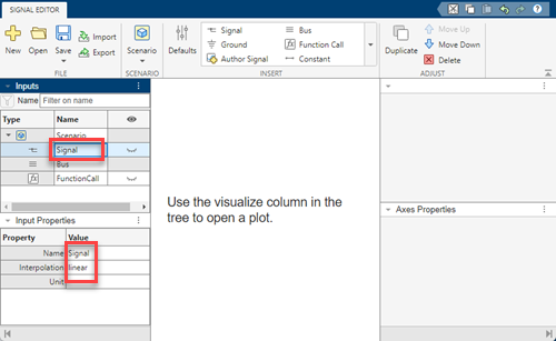 Signal Editor with Signal and associated input properties Name, Interpolation, and Unit highlighted