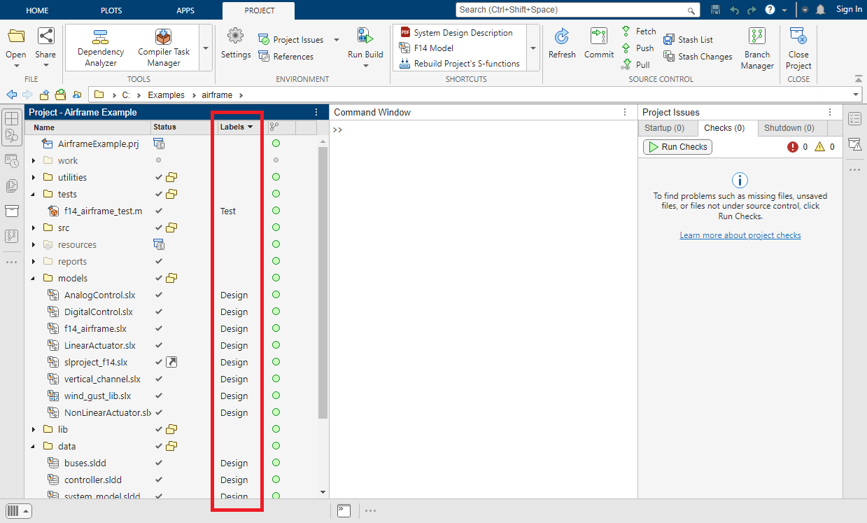 The MATLAB desktop shows the Project panel with the project open on the left, the Project toolstrip on top, the Command Window in the middle, and the Project Issues panel on the right. In the Project panel, a red box highlights the Labels column.
