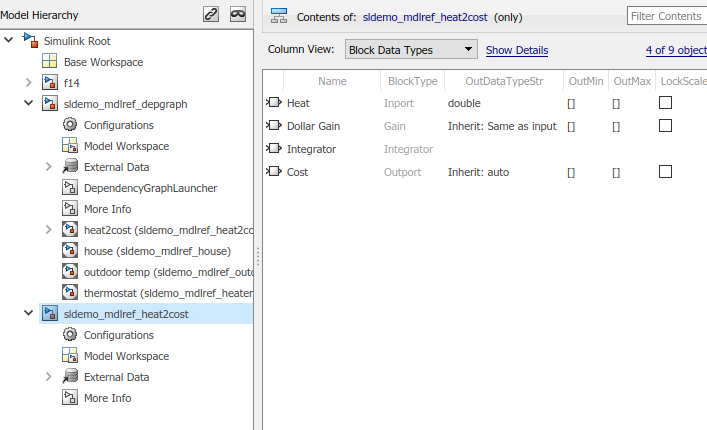 In the model hierarchy, the node named sldemo_mdlref_heat2cost is expanded