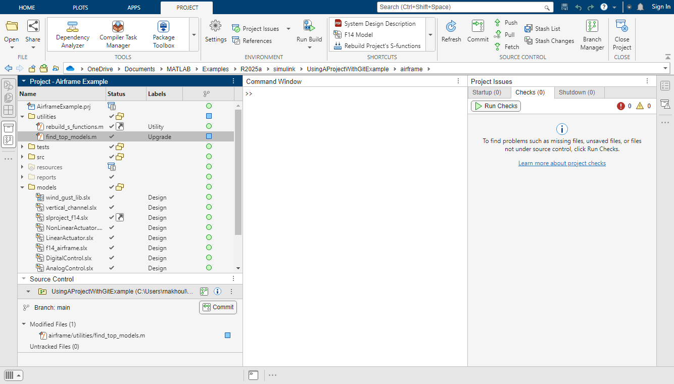The MATLAB desktop shows the Project panel and Source Control panel with the project open on the left, the Project toolstrip on top, the Command Window in the middle, and the Project Issues panel on the right.