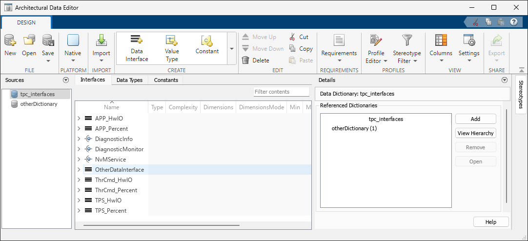 Architecture Data Editor showing referenced dictionaries.