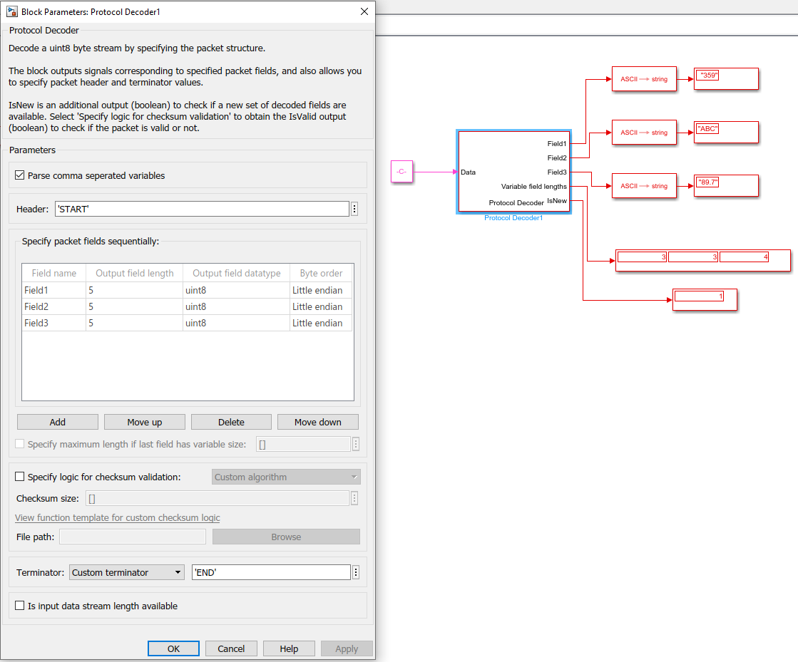 Entries for various parameters in block and output