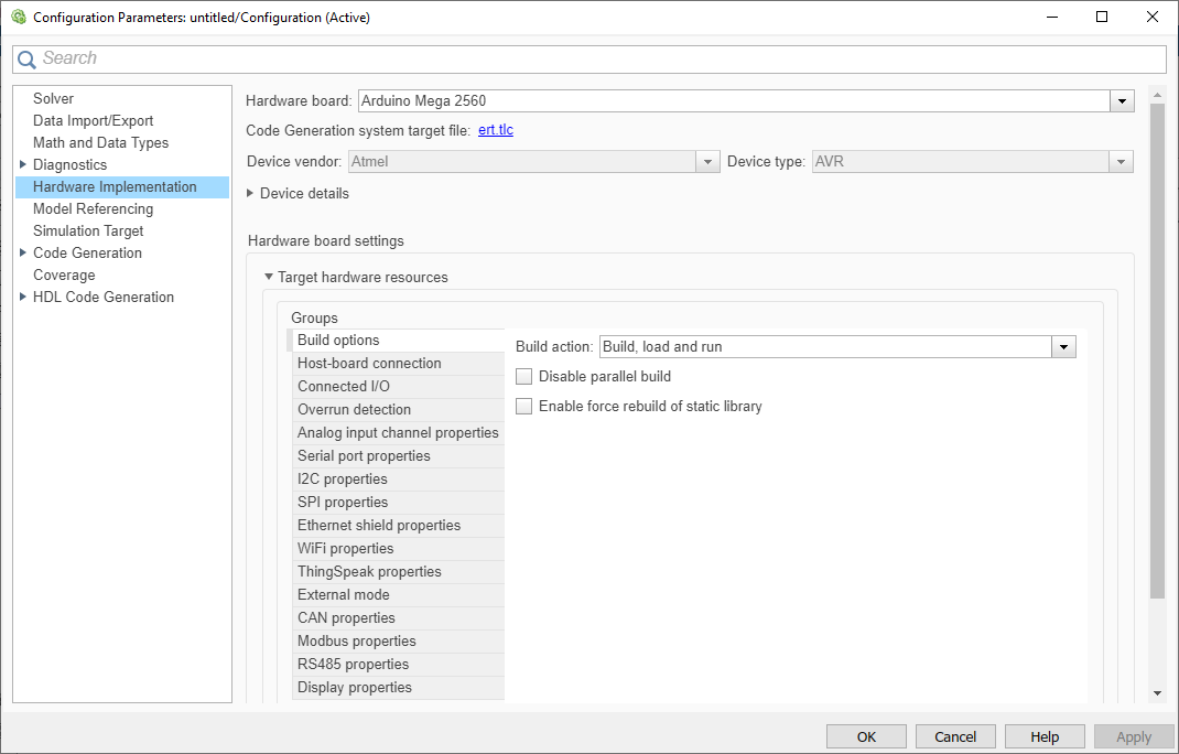 Configuration Parameters Dialog Box for Arduino