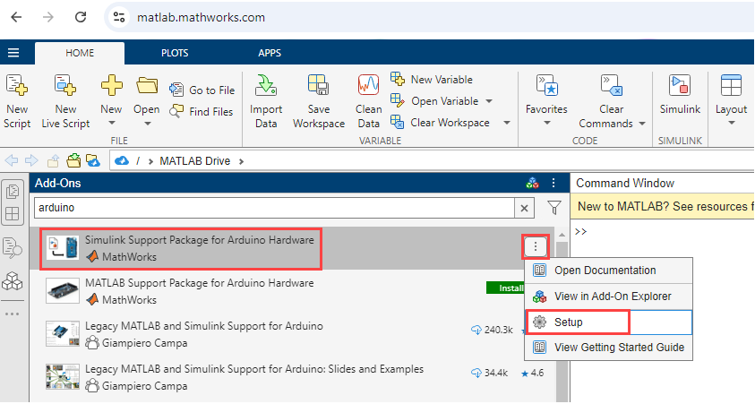 Simulink Online launch Hardware Setup Dailog Box