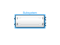 A Subsystem block has two output ports on the left and two input ports on the right. The top input and output ports are labeled with the number 1 on the block icon, and the bottom input and output ports are labeled with the number 2.