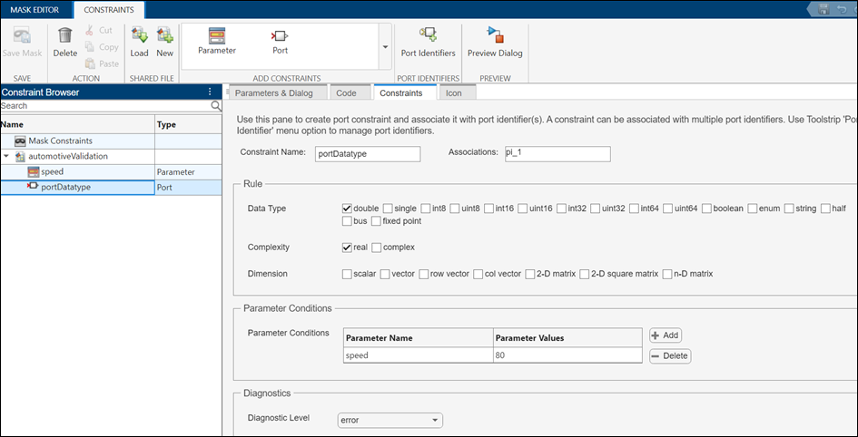 Constraints tab of the Mask Editor, showing constraints associated to parameters and ports