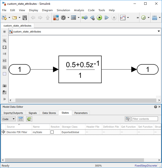 Model Data Editor opened below the model canvas with the States tab selected. There is one row in the table for the Discrete FIR Filter block. The Name is set to myState, the Storage Class is set to ExportedGlobal and the Resolve check box is cleared.