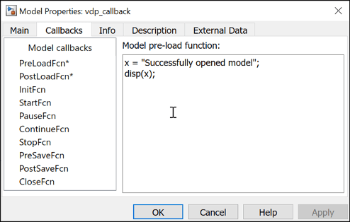 Model Properties window of model vdp_callback displaying the PostLoadFnc callback.