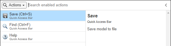 The quick Insert menu is open to the Actions tab with the word update in the search box. Two search results are displayed, Update Model (Ctrl+D) and Update Model: Refresh Blocks (Ctrl+K). Below each search result is a short description of the action.